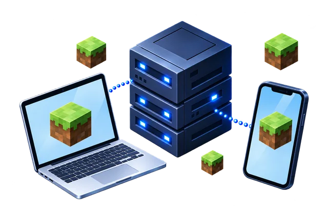 A laptop and a phone joining one Minecraft server: Java and Bedrock crossplay