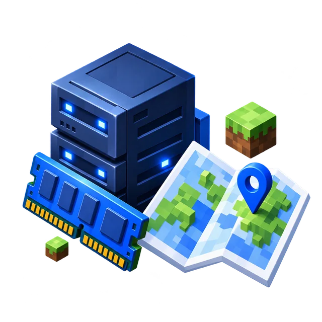 A Minecraft server with a RAM stick, a grass block and a map