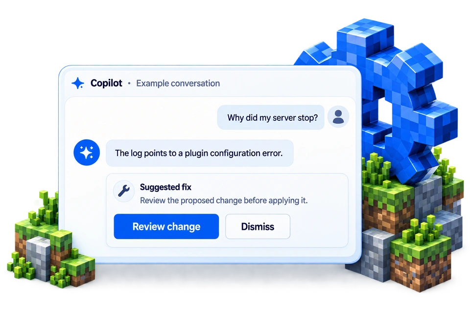 Example conversation with the AI Copilot of a Minecraft server: it reads the log and suggests a fix to review