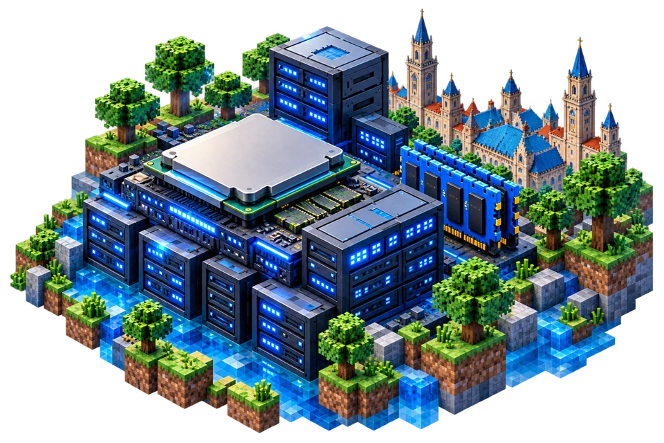 Ryzen 9 processor, DDR5 memory and server racks in a Minecraft world with Warsaw behind them