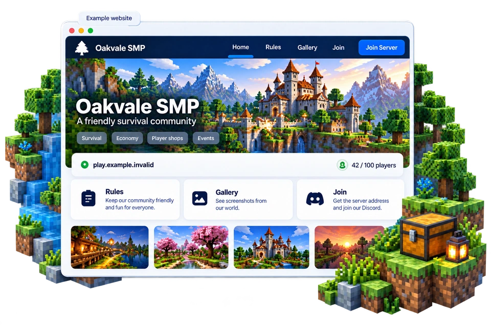 Example of a free Minecraft server website with a home page, rules, gallery, join page and players online