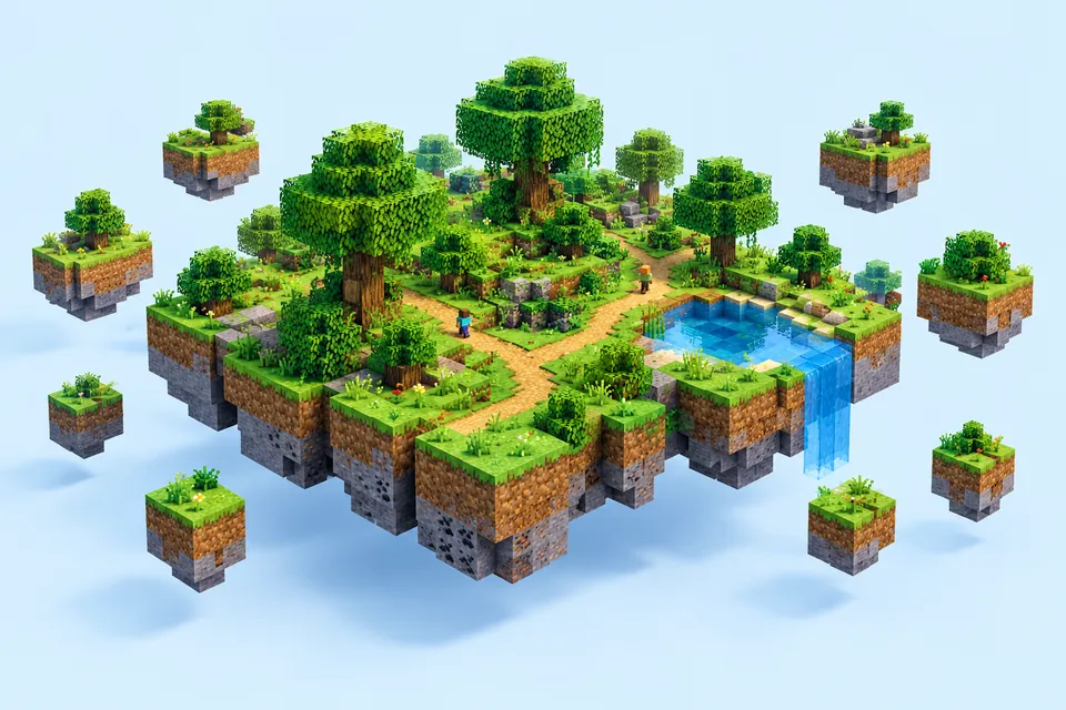 Floating Minecraft islands with trees, a path and a waterfall: the loaded chunks around players