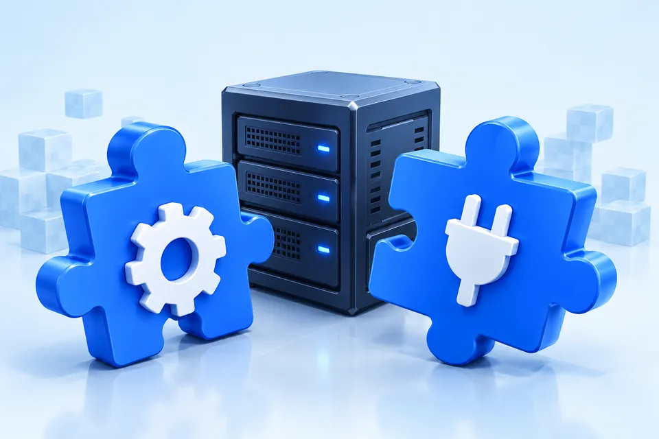 Two puzzle pieces with a gear and a plug beside a server: plugins and mods on a Minecraft server
