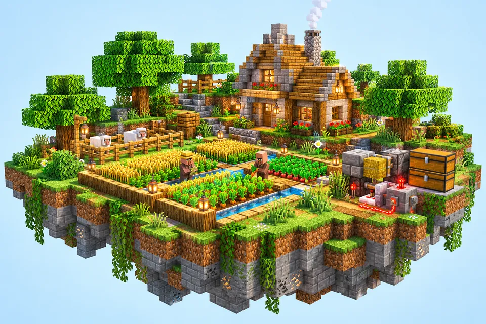 A Minecraft farm with crops, villagers, sheep, chests and redstone beside a house: activity in a busy world